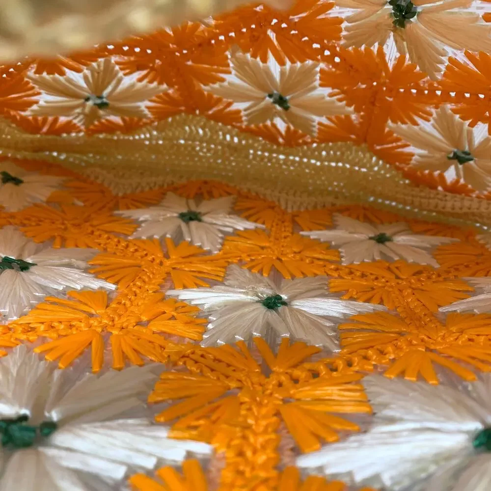 Vintage 70s Handmade Raffia Straw Floral Tote Bag Orange White Boho Beach Purse